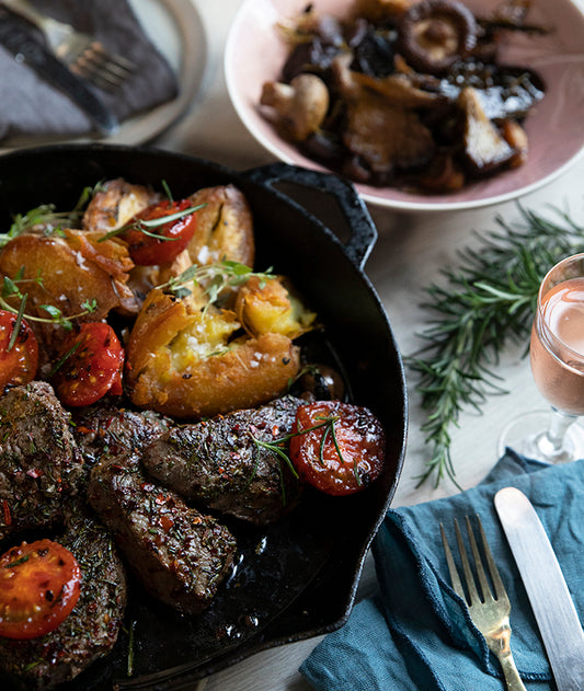 Rosemary and Paprika Beef Medallions with Fried Tomatoes and Green Herb Sauce
