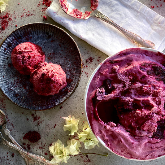 ROASTED PLUM, GIN & BROWN SUGAR GELATO WITH LITTLE BEAUTY BOYSENBERRIES