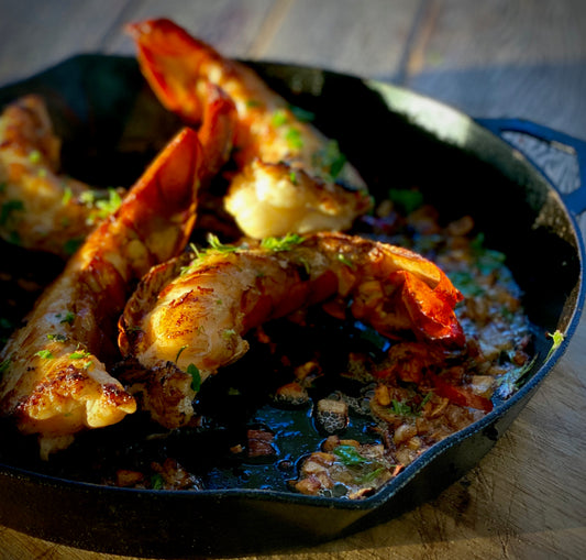 CRAYFISH TAILS IN CHIMICHURRI BUTTER WITH A SMOKED PAPRIKA AND CHILL GLAZE