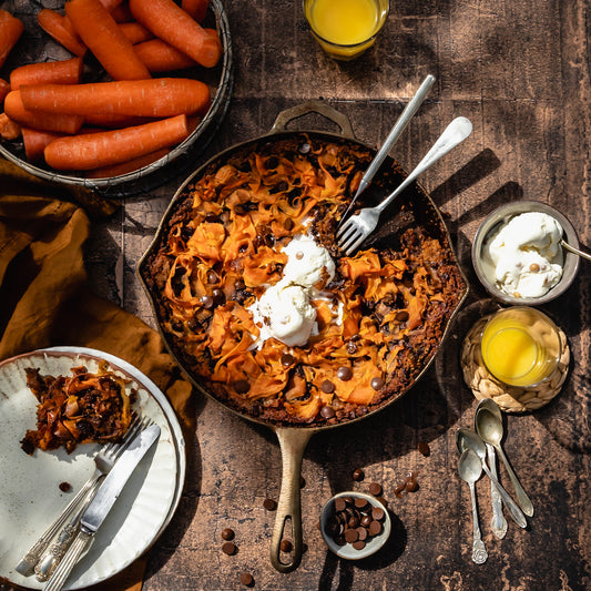 Spiced Orange, Dark Chocolate & Olive Oil Carrot Skillet Cake with Caramelised Carrot Topping