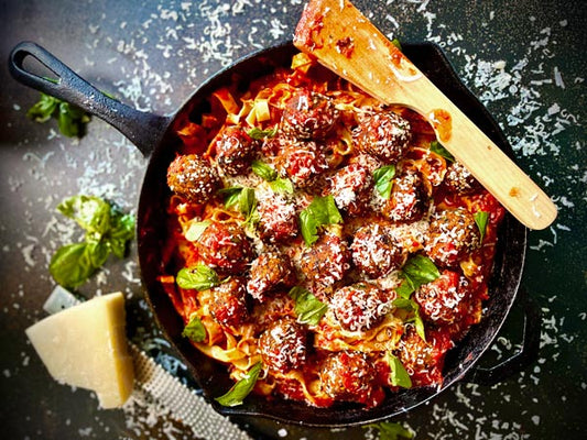 Vegan meatballs served in the Ironclad Legacy Pan