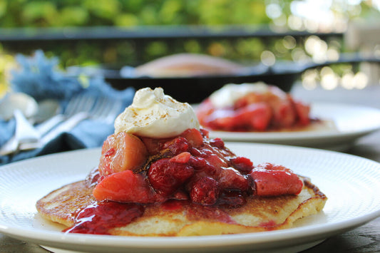 YEASTED RICE PANCAKES WITH STEWED FEIJOAS AND RASPBERRIES (GF)
