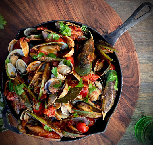 MUSSELS AND CLAMS WITH ORANGE, SAFFRON AND CHERRY TOMATOES