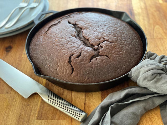 Freshly baked chocolate cake in the Ironclad Legacy Pan