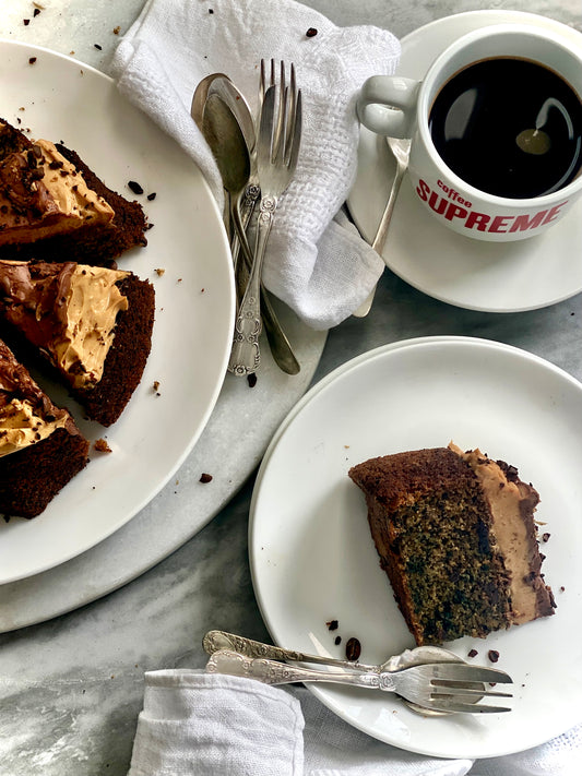 SUPREME COFFEE AND BANANA CAKE WITH DREAMY CREAMY COFFEE FROSTING